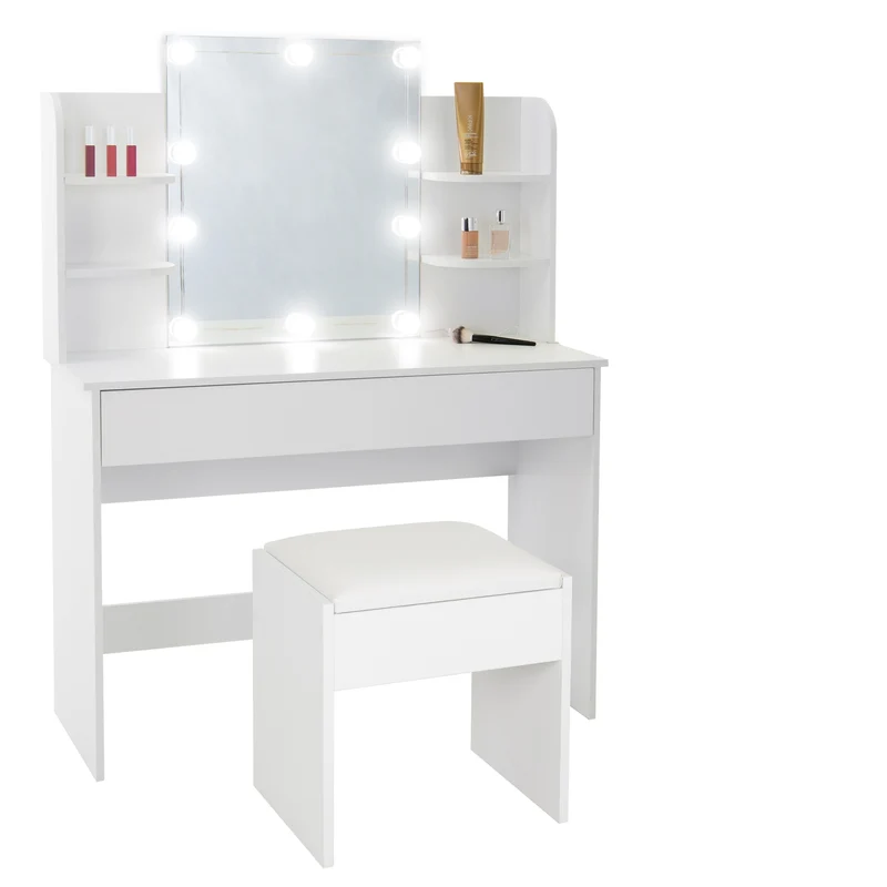 Schminktisch Frisiertisch 108x40x140 cm in Weiß mit Spiegel, LED Beleuchtung, Schublade & Hocker ML-Design