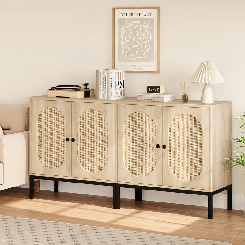Garvee Sideboard, 2er-Set, Rattanfronten, verstellbare Regale, 80 × 40 × 83 cm, für Wohnzimmer und Esszimmer, Natur