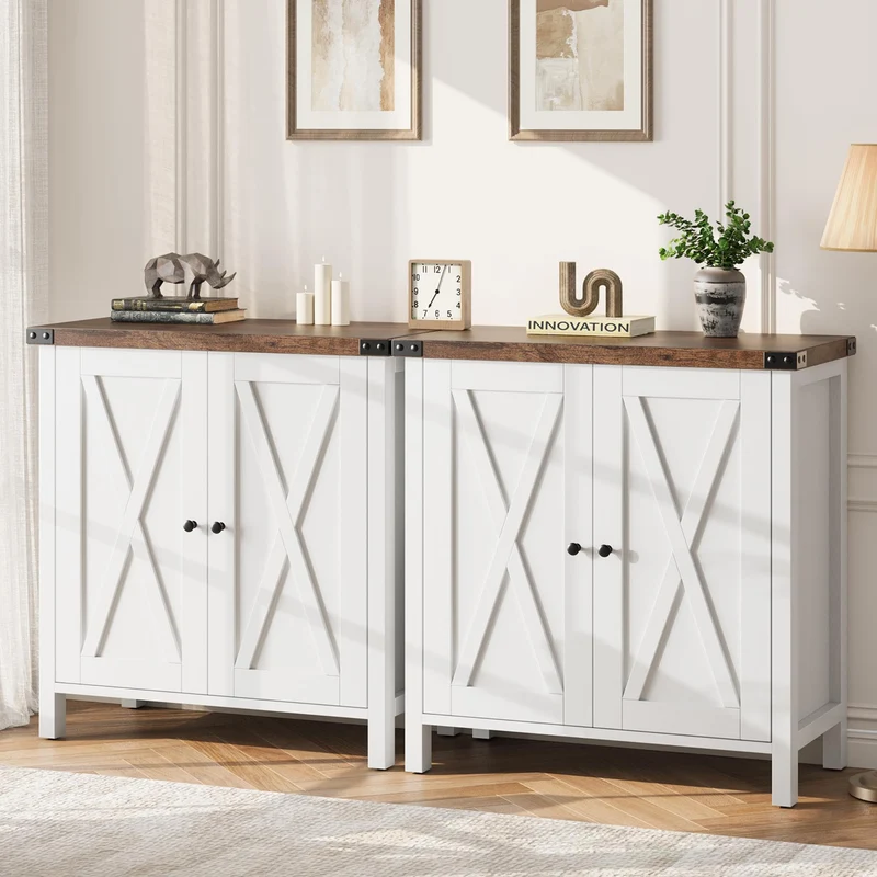 Garvee Sideboard mit 2 Türen, 2er-Set, verstellbare Regale, für Wohnzimmer und Esszimmer, Weiß-Braun