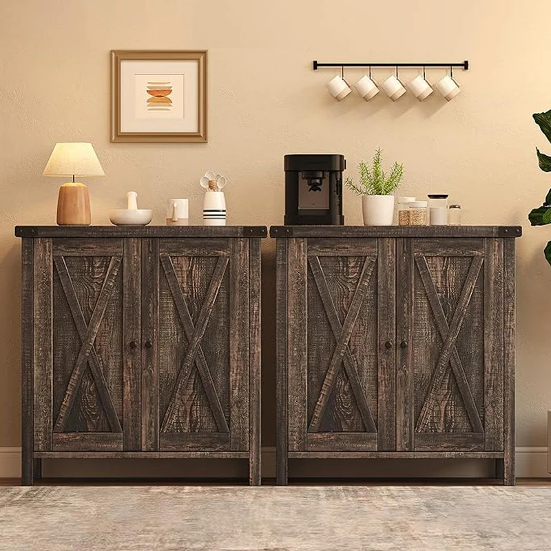 Garvee Sideboard mit 2 Türen, 2er-Set, verstellbare Regale, für Wohnzimmer und Esszimmer, Dunkle Eiche