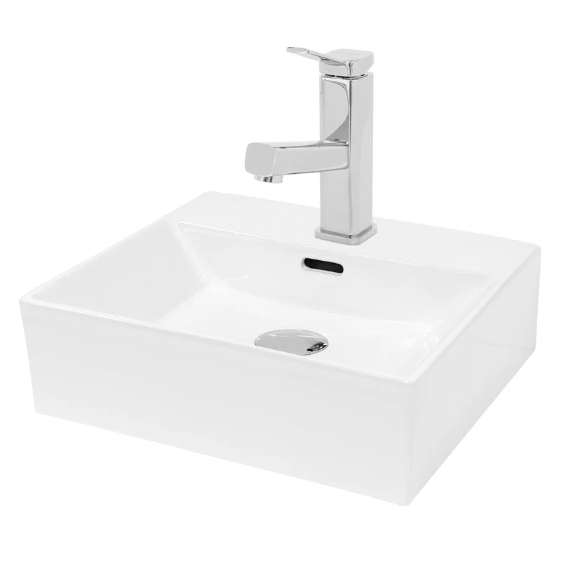Waschbecken mit Wasserhahn ausziehbare Brause eckig 41,5x36x13 cm Weiß aus Keramik inkl. Ablaufgarnitur Silber mit Überlauf LuxeBath