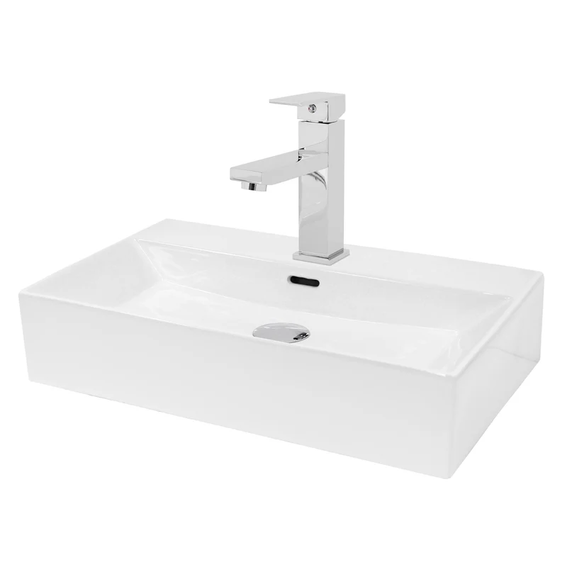 Waschbecken mit Wasserhahn eckig 60,5x36,5x13 cm Weiß aus Keramik inkl. Ablaufgarnitur Silber mit Überlauf LuxeBath