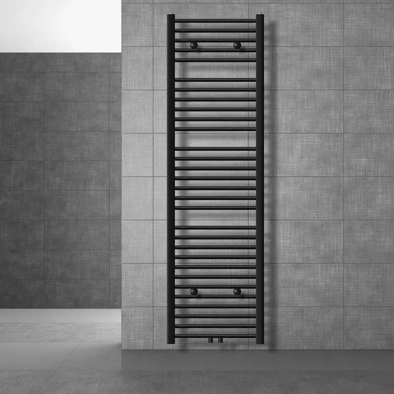 Badheizkörper Mittelanschluss 500x1800 mm Schwarz matt gebogen mit Boden Termostatventil LuxeBath