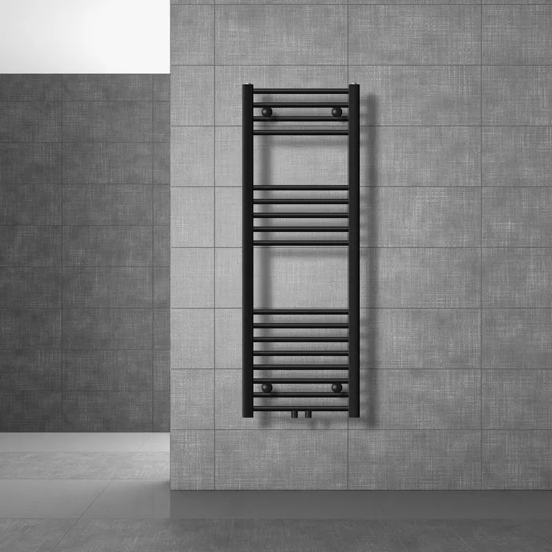 Badheizkörper mit Mittelanschluss 400x1200 mm Schwarz matt gerade mit Wand Anschlussgarnitur LuxeBath