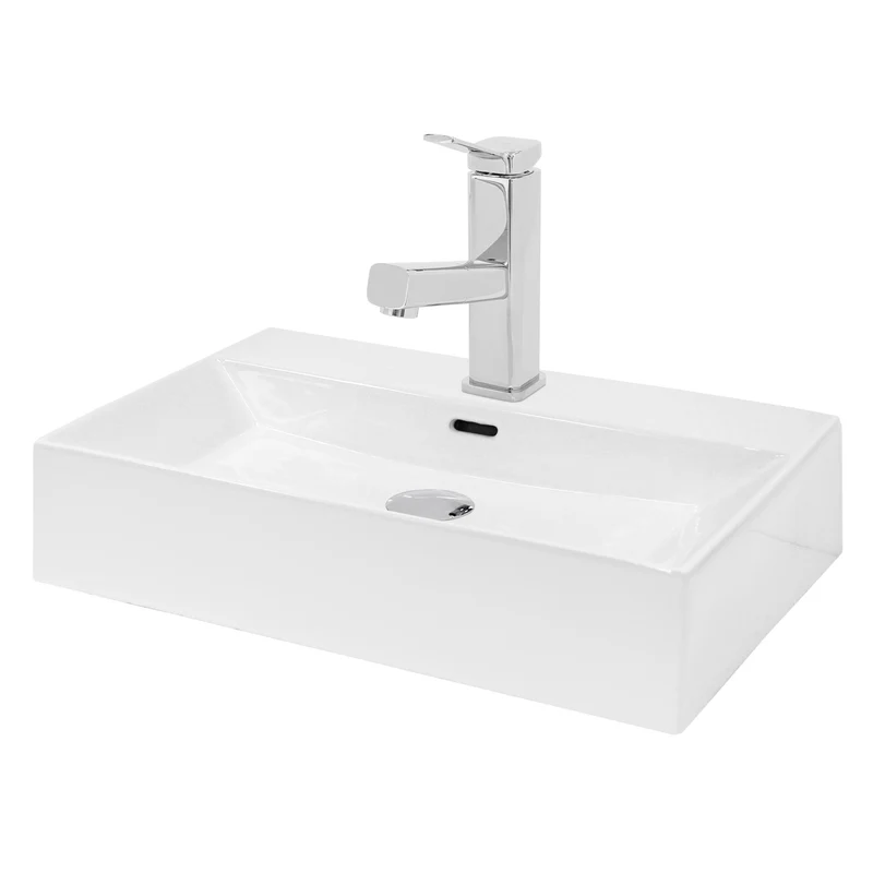 Waschbecken mit Wasserhahn ausziehbare Brause eckig 60,5x36,5x13 cm Weiß aus Keramik inkl. Ablaufgarnitur Silber mit Überlauf LuxeBath