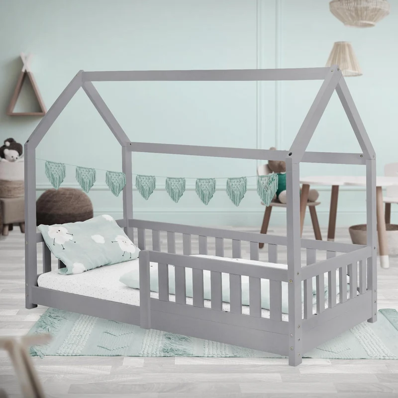 B-Ware Kinderbett Hausbett 80x160 cm Hellgrau aus Kiefernholz mit Rausfallschutz Dach und Lattenrost Holzbett ML-Design