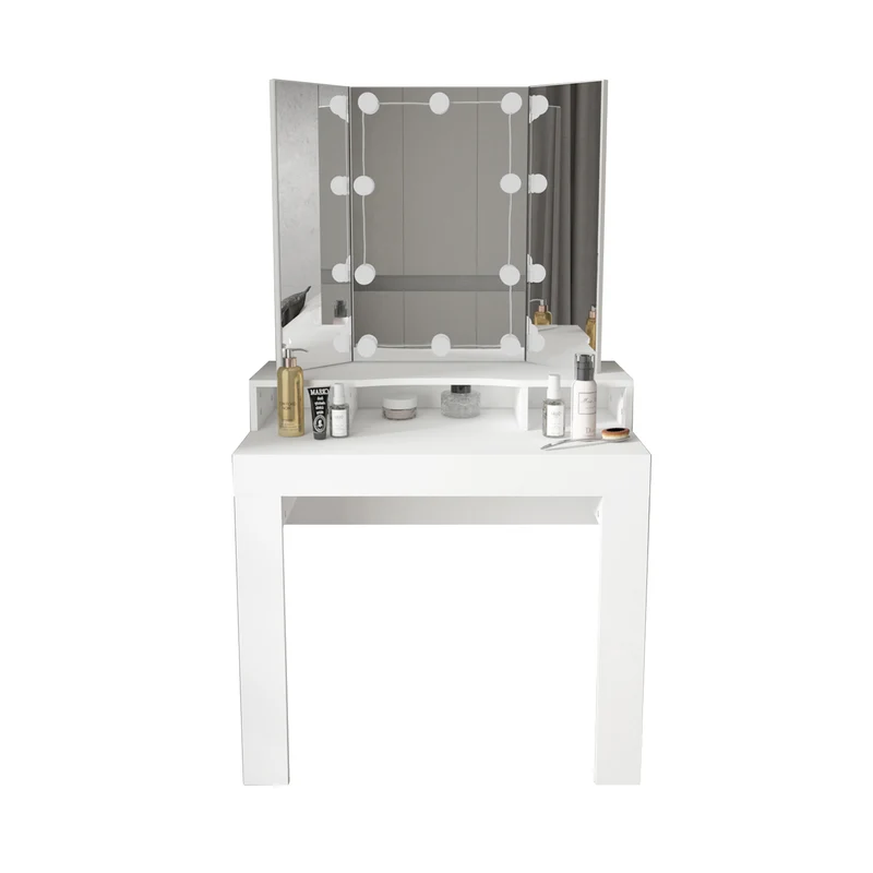 Schminktisch Frisiertisch 89,5x155x43,5 cm in Weiß mit LED Beleuchtung 3-tlg, Spiegel, Schublade & 3 Fächer ML-Design
