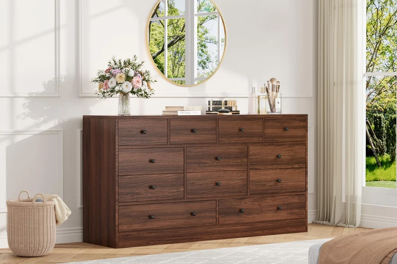 Garvee Kommode mit 12 Schubladen, integrierte Ladestation, Kippschutz, für Schlafzimmer und Wohnzimmer, Antikbraun