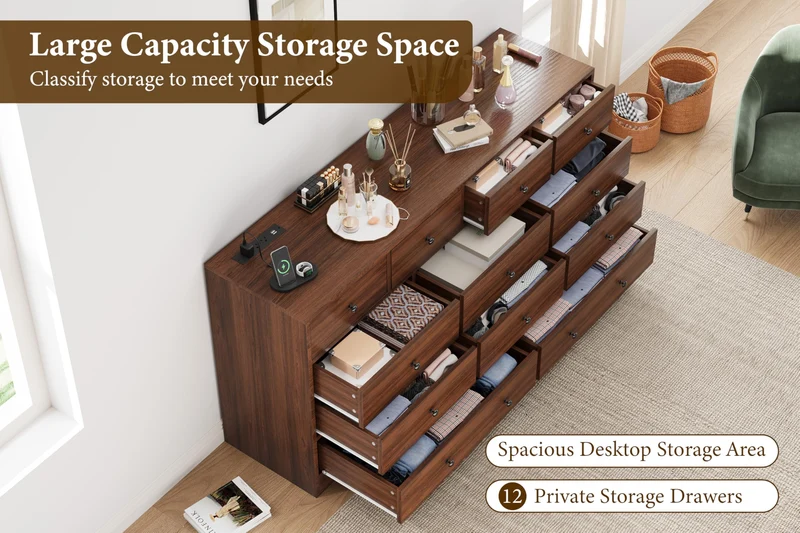 Garvee Kommode mit 12 Schubladen, integrierte Ladestation, Kippschutz, für Schlafzimmer und Wohnzimmer, Antikbraun