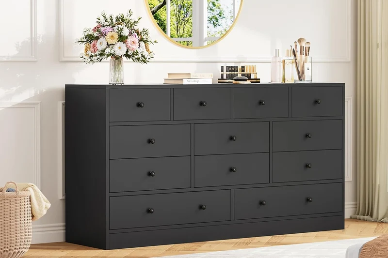 Garvee Kommode mit 12 Schubladen, integrierte Ladestation, Kippschutz, für Schlafzimmer und Wohnzimmer, Schwarz
