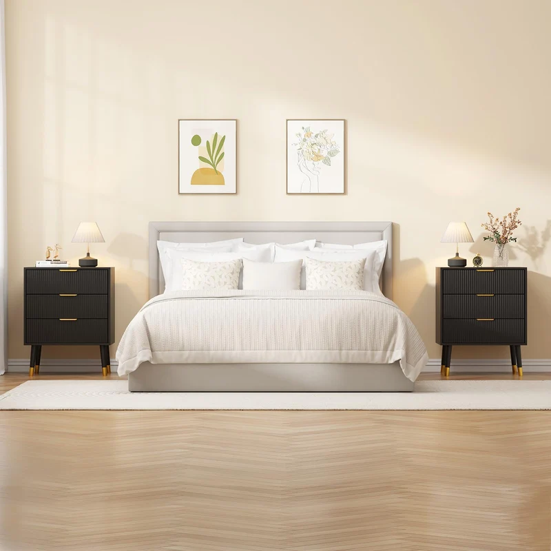 Garvee Kommode, 2er-Set – je 3 Schubladen, modernes Rillendesign, für Schlafzimmer und Wohnzimmer, Schwarz