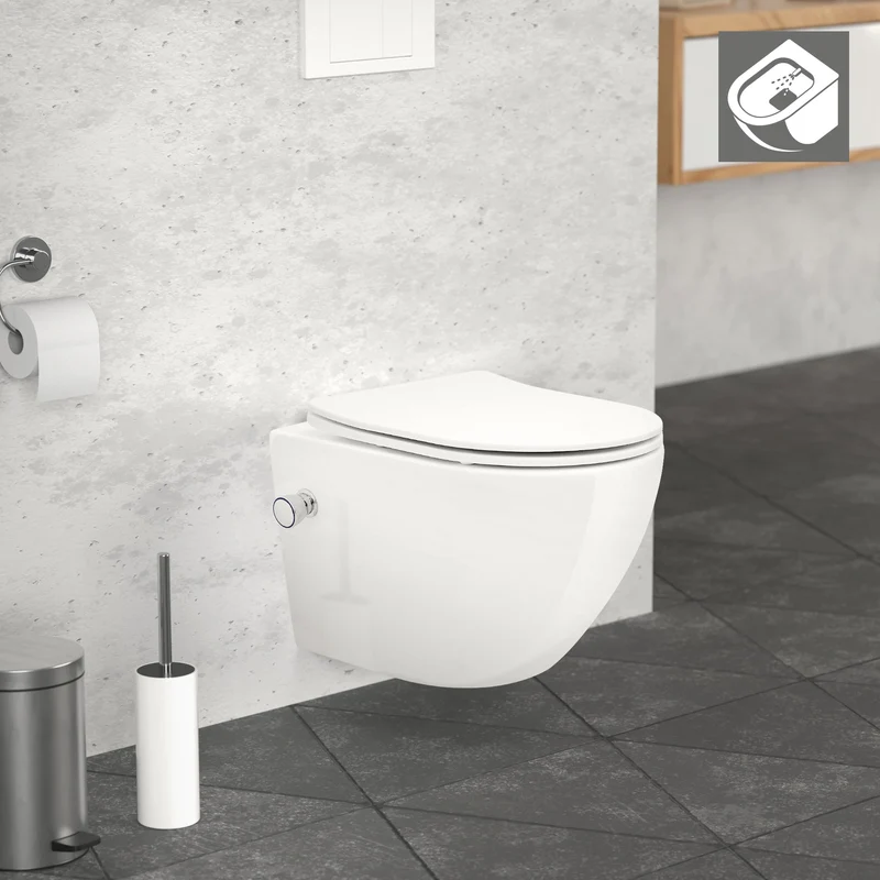 B-Ware Spülrandloses Wand Hänge WC, 370 x 390 x 490 mm, aus Keramik, mit Bidet-Funktion LuxeBath