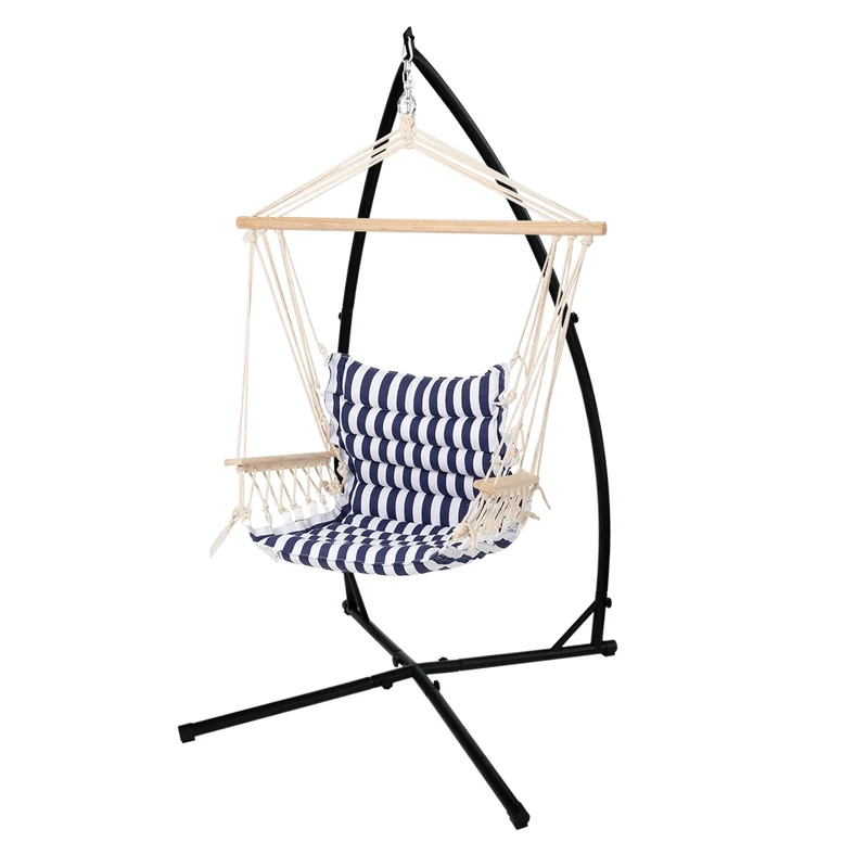 Hängesessel mit Gestell 45x100x43 cm Blau/Weiß aus Baumwolle und Hartholz