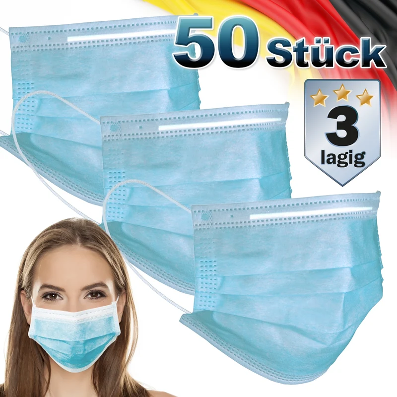 Einwegmasken 50 Stück 3-lagig Vliesmaterial Blau