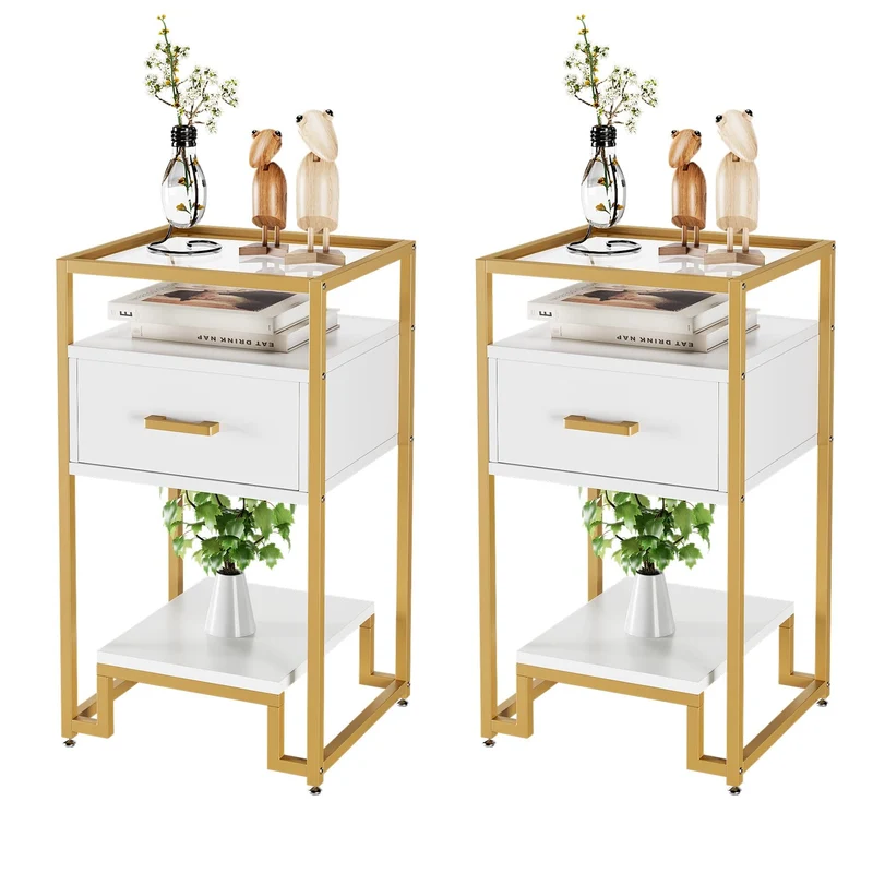 Garvee Aufbewahrungsregal mit 3 Ebenen, 40 × 40 × 78 cm, für Wohnzimmer und Schlafzimmer, Weiß-Gold