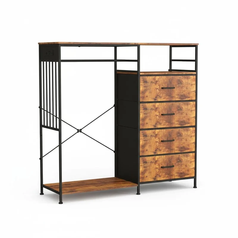 Garvee Leuchte mit 6 Schubladen, LED-Beleuchtung, integrierte Ladestation, 125 cm, für Wohnzimmer und Esszimmer, Braun