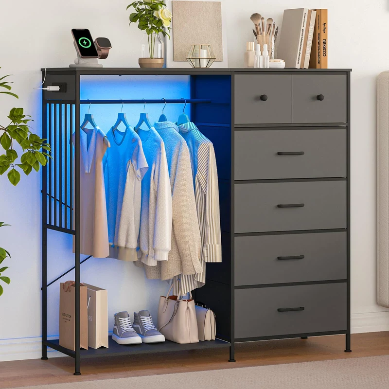 Garvee Leuchte mit 6 Schubladen, LED-Beleuchtung, integrierte Ladestation, 125 × 40,1 × 119,9 cm, für Wohnzimmer und Esszimmer, Schwarz