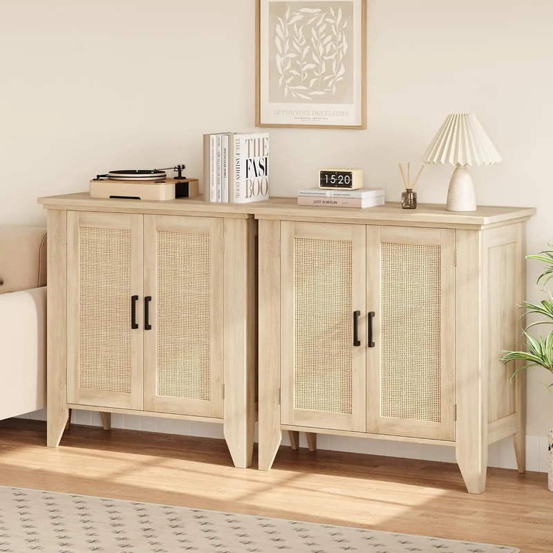 Garvee Sideboard, 2er-Set, Rattanfronten, für Wohnzimmer und Esszimmer, Natur-Eiche