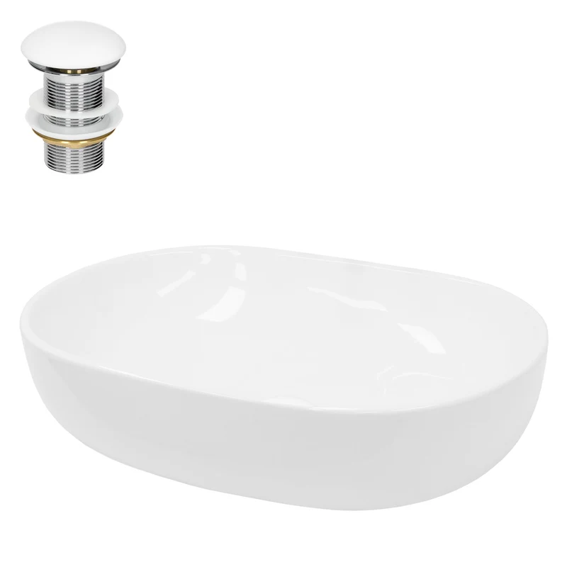 Waschbecken inkl. Ablaufgarnitur Weiß ohne Überlauf 60x42x14,5 cm Weiß aus Keramik LuxeBath