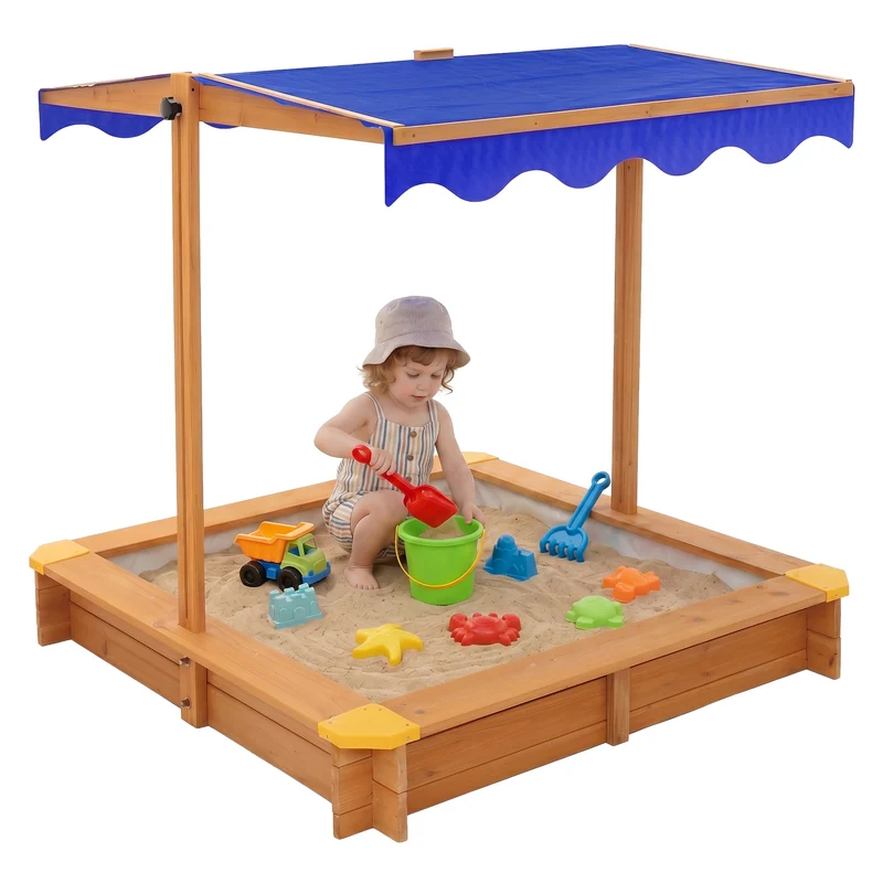 Sandkasten mit Dach 118x118 cm, aus Massivholz, Sandbox für Kinder mit Abdeckung, Bodenvlies & Kantenschutz, UV 50 Sonnenschutz ML-Design