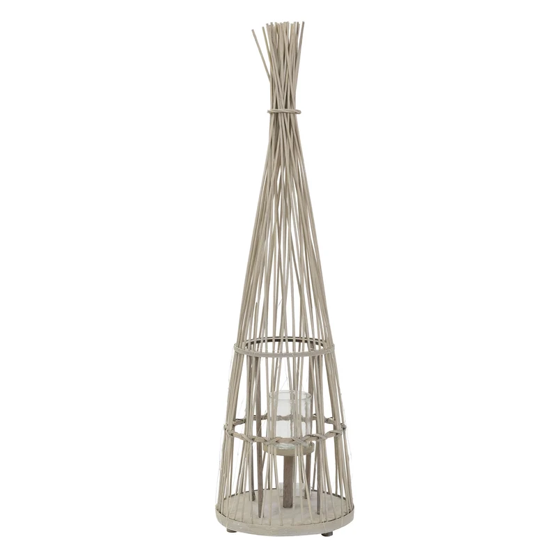 Bambus Laterne, Windlicht H: 110 cm Holzfarbe, Boho Gartenlaterne mit LED-Lichterkette & Glaseinsatz, Flechtoptik Kerzenhalter