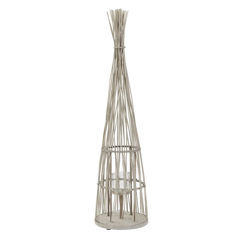 Bambus Laterne, Windlicht H: 91 cm Holzfarbe, Boho Gartenlaterne mit LED-Lichterkette & Glaseinsatz, Flechtoptik Kerzenhalter