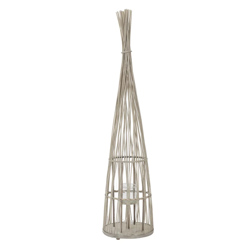 Bambus Laterne, Windlicht H: 150 cm Holzfarbe, Boho Gartenlaterne mit LED-Lichterkette & Glaseinsatz, Flechtoptik Kerzenhalter