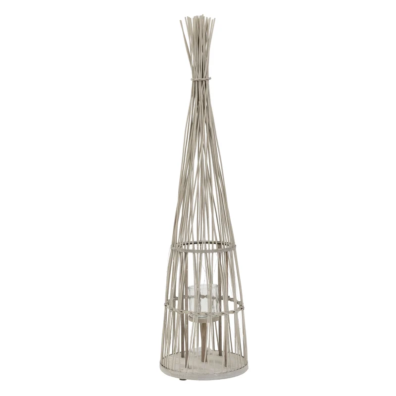 Bambus Laterne, Windlicht H: 132 cm Holzfarbe, Boho Gartenlaterne mit LED-Lichterkette & Glaseinsatz, Flechtoptik Kerzenhalter