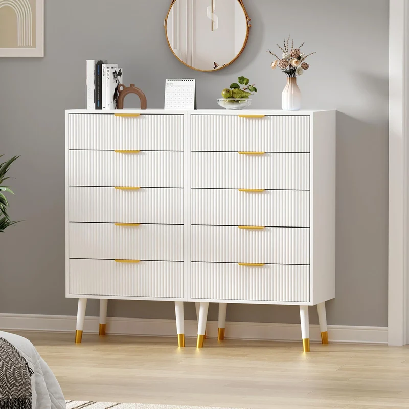 Garvee Kommode mit 5 Schubladen, 2er-Set – je 5 Schubladen, modernes Rillendesign, für Schlafzimmer und Wohnzimmer, Weiß