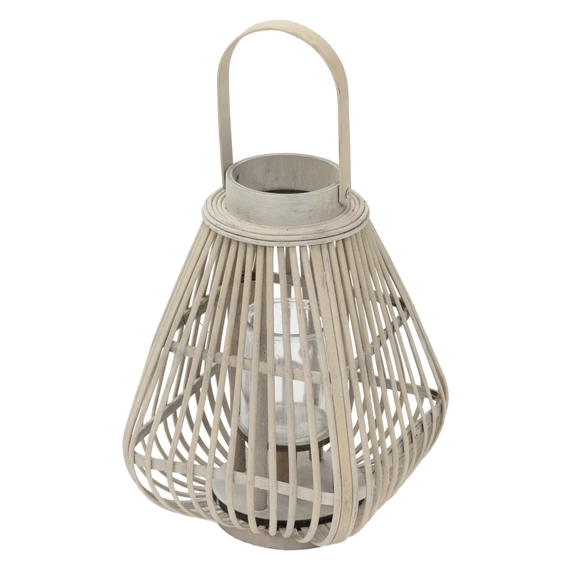 Bambus Laterne, Windlicht H: 42,5 cm Holzfarbe, Boho Gartenlaterne mit Henkel & Glaseinsatz, Flechtoptik Kerzenhalter
