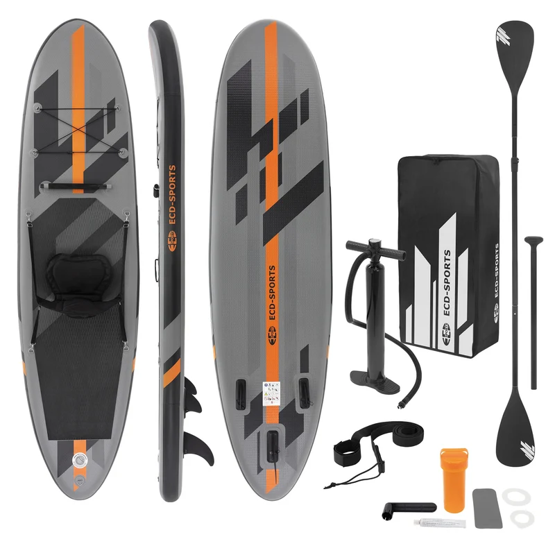 Stand Up Paddle aufblasbares SUP Board mit Kajak Sitz 320x82x15 cm in Grau/Orange aus PVC inkl. Pumpe und Tragetasche
