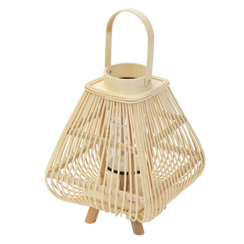 Bambus Laterne, Windlicht H: 45,5 cm Holzfarbe, Boho Gartenlaterne mit Henkel & Glaseinsatz, Flechtoptik Kerzenhalter