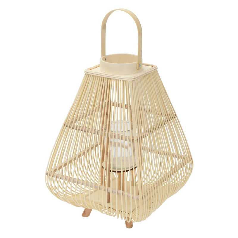 Bambus Laterne, Windlicht H: 63,5 cm Holzfarbe, Boho Gartenlaterne mit Henkel & Glaseinsatz, Flechtoptik Kerzenhalter