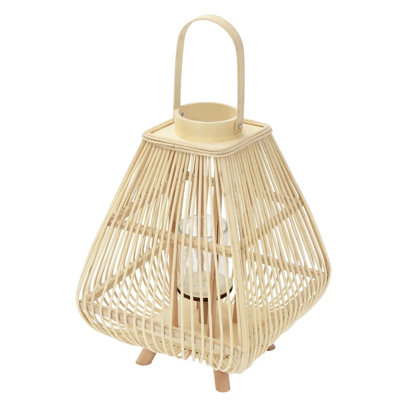 Bambus Laterne, Windlicht H: 55,5 cm Holzfarbe, Boho Gartenlaterne mit Henkel & Glaseinsatz, Flechtoptik Kerzenhalter