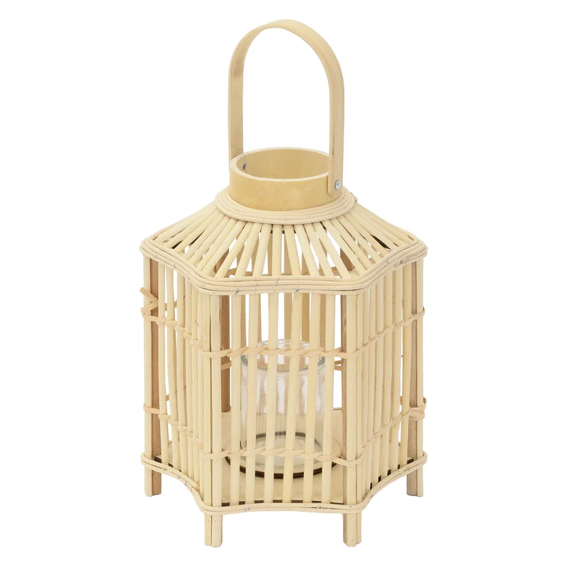 Bambus Laterne, Windlicht H: 45 cm Holzfarbe, Boho Gartenlaterne mit Henkel & Glaseinsatz, Flechtoptik Kerzenhalter