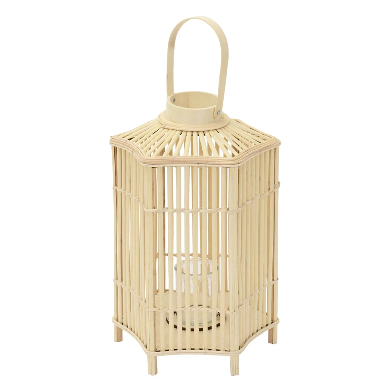 Bambus Laterne, Windlicht H: 60 cm Holzfarbe, Boho Gartenlaterne mit Henkel & Glaseinsatz, Flechtoptik Kerzenhalter