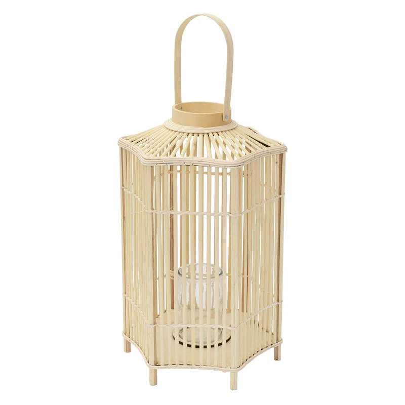 Bambus Laterne, Windlicht H: 75 cm Holzfarbe, Boho Gartenlaterne mit Henkel & Glaseinsatz, Flechtoptik Kerzenhalter