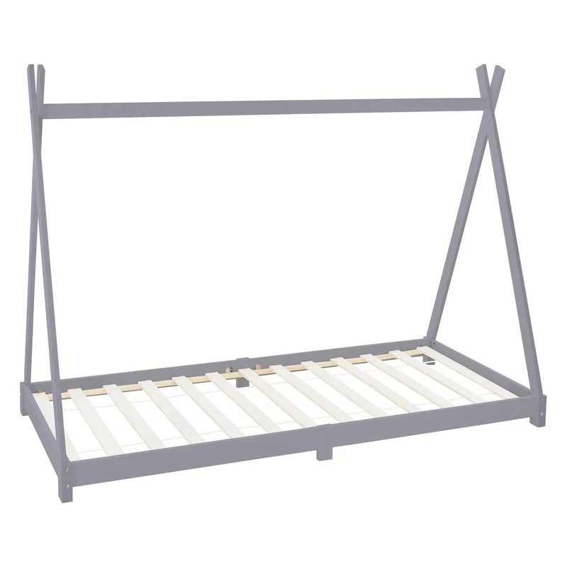 Kinderbett Tipi 90x200 cm Hellgrau aus Kiefernholz Holzbett mit Lattenrost ML-Design