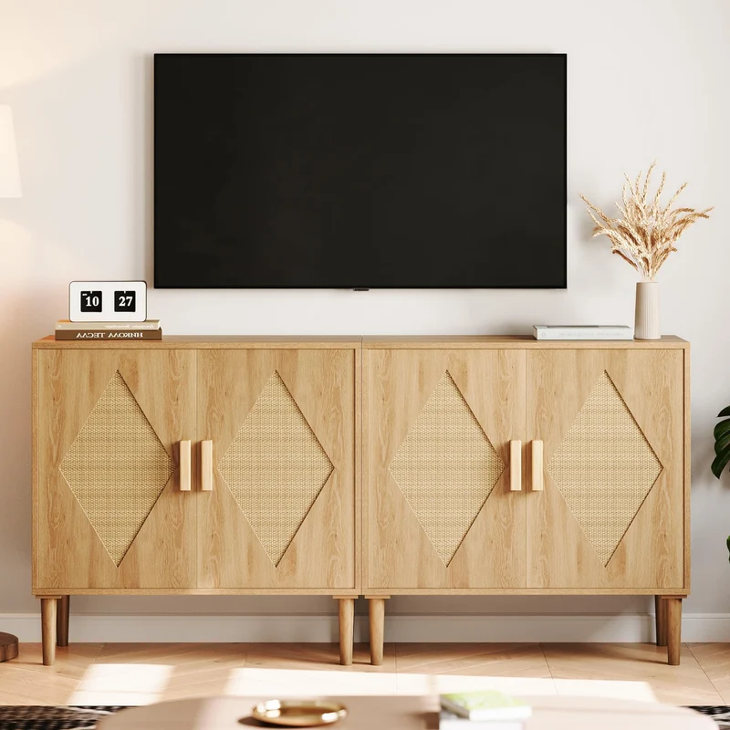 Garvee Schuhschrank, 2er-Set, Rattanfronten, 80 cm, für Flur und Diele, Naturholz