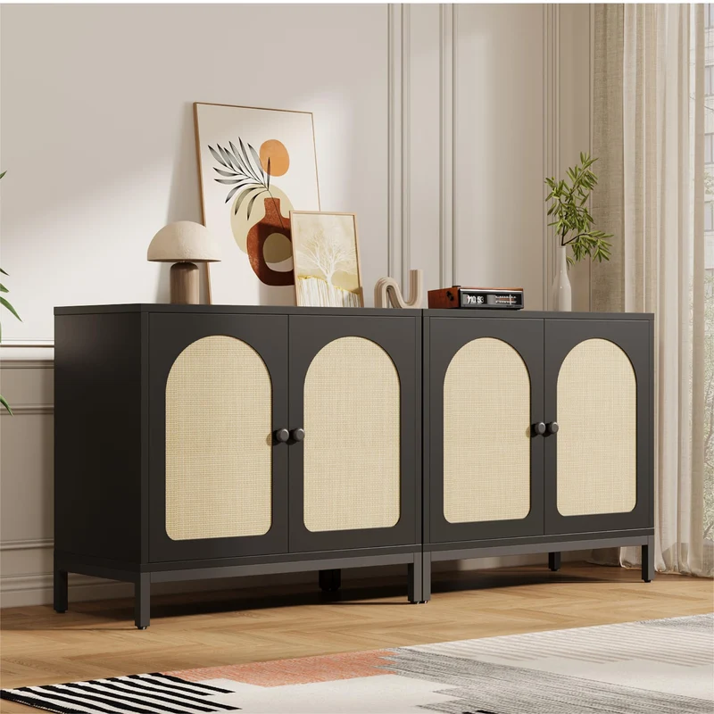 Garvee Sideboard, 2er-Set, Rattanfronten, verstellbare Regale, für Wohnzimmer und Esszimmer, Schwarz