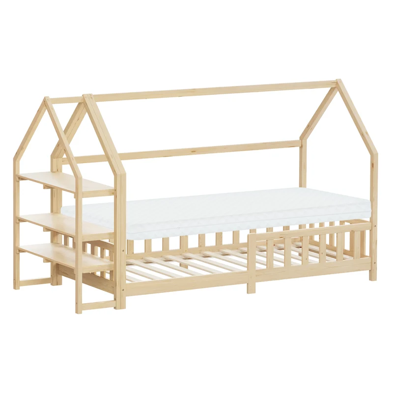 Kinderbett Hausbett 90x200 cm Natur aus Kiefernholz inkl. Matratze H-10cm Rausfallschutz Regal Dach und Lattenrost ML-Design