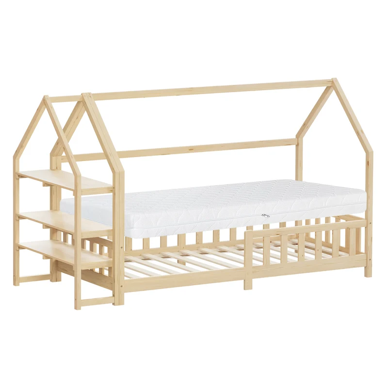 Kinderbett Hausbett 90x200 cm Natur aus Kiefernholz inkl. Matratze H-16cm Rausfallschutz Regal Dach und Lattenrost ML-Design