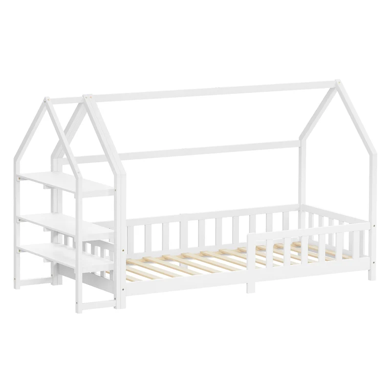 Kinderbett Hausbett 90x200 cm aus Kiefernholz Weiß mit Rausfallschutz Regal Dach und Lattenrost Holzbett ML-Design