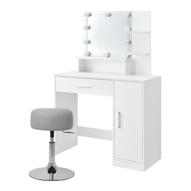 Schminktisch Frisiertisch 90x38x137 cm in Weiß mit LED Beleuchtung, Spiegel, Schublade, Schrank & 3 Ablagen ML-Design