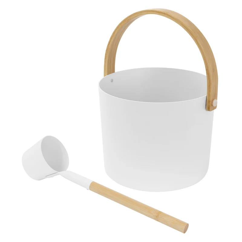 2-teilig Saunazubehör-Set aus Aluminium & Bambus, Weiß, 6L Aufgusskübel mit klappbarem Griff & Schöpfkelle LuxeBath