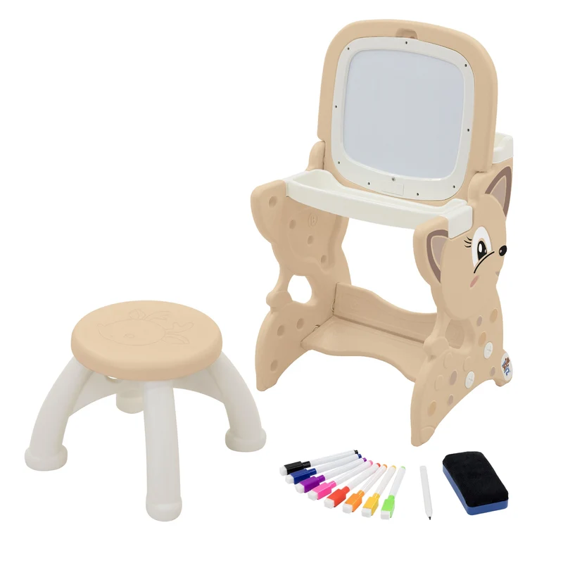Kindersitzgruppe 3in1 Spieltisch mit 2 Tafeln Kinderhocker und Zubehör Weiß/Braun Joyz
