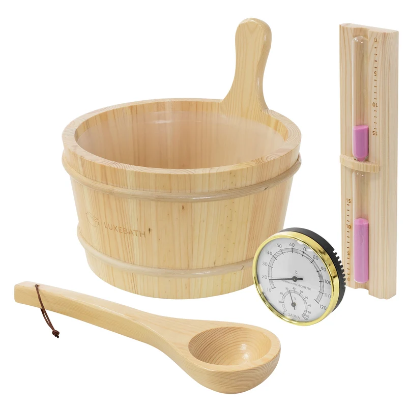 4-teilig Saunazubehör-Set aus massivem Kiefernholz, 4,5L Aufgusskübel & Kelle, Thermometer-Hygrometer & 15min. Sanduhr LuxeBath