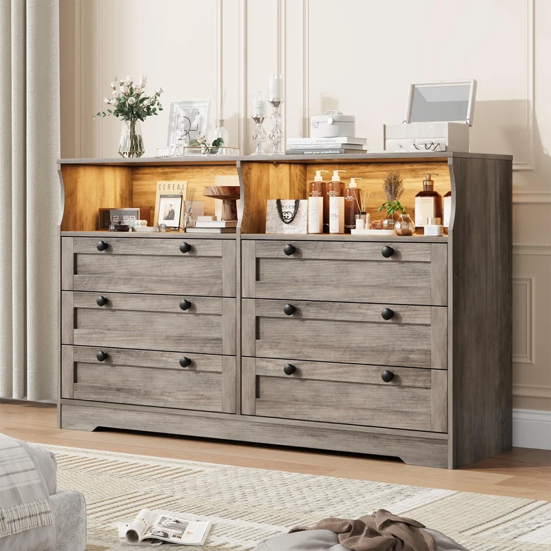 Garvee Kommode mit 6 Schubladen, LED-Beleuchtung, USB-Anschlüsse, 140 cm, für Schlafzimmer und Wohnzimmer, Grau