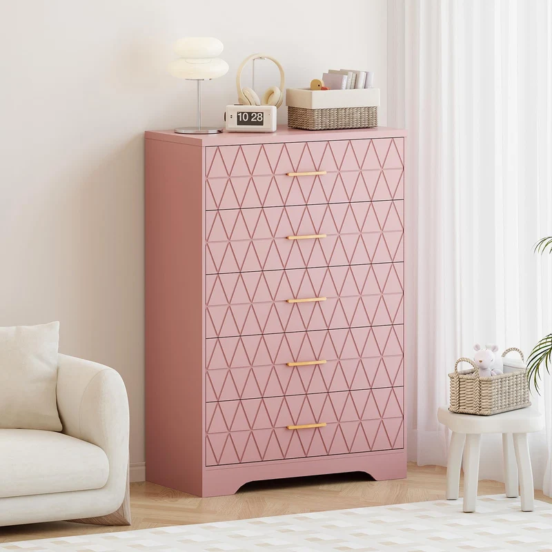 Garvee Kommode mit 5 Schubladen, 80 × 118 cm, für Schlafzimmer und Wohnzimmer, Rosa