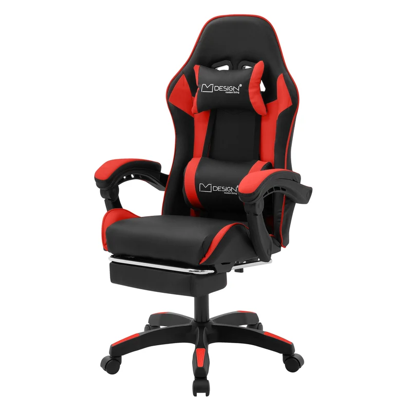 B-Ware Gaming Stuhl mit Fußstütze und Armlehne Schwarz-Rot, aus Kunstleder ML-Design